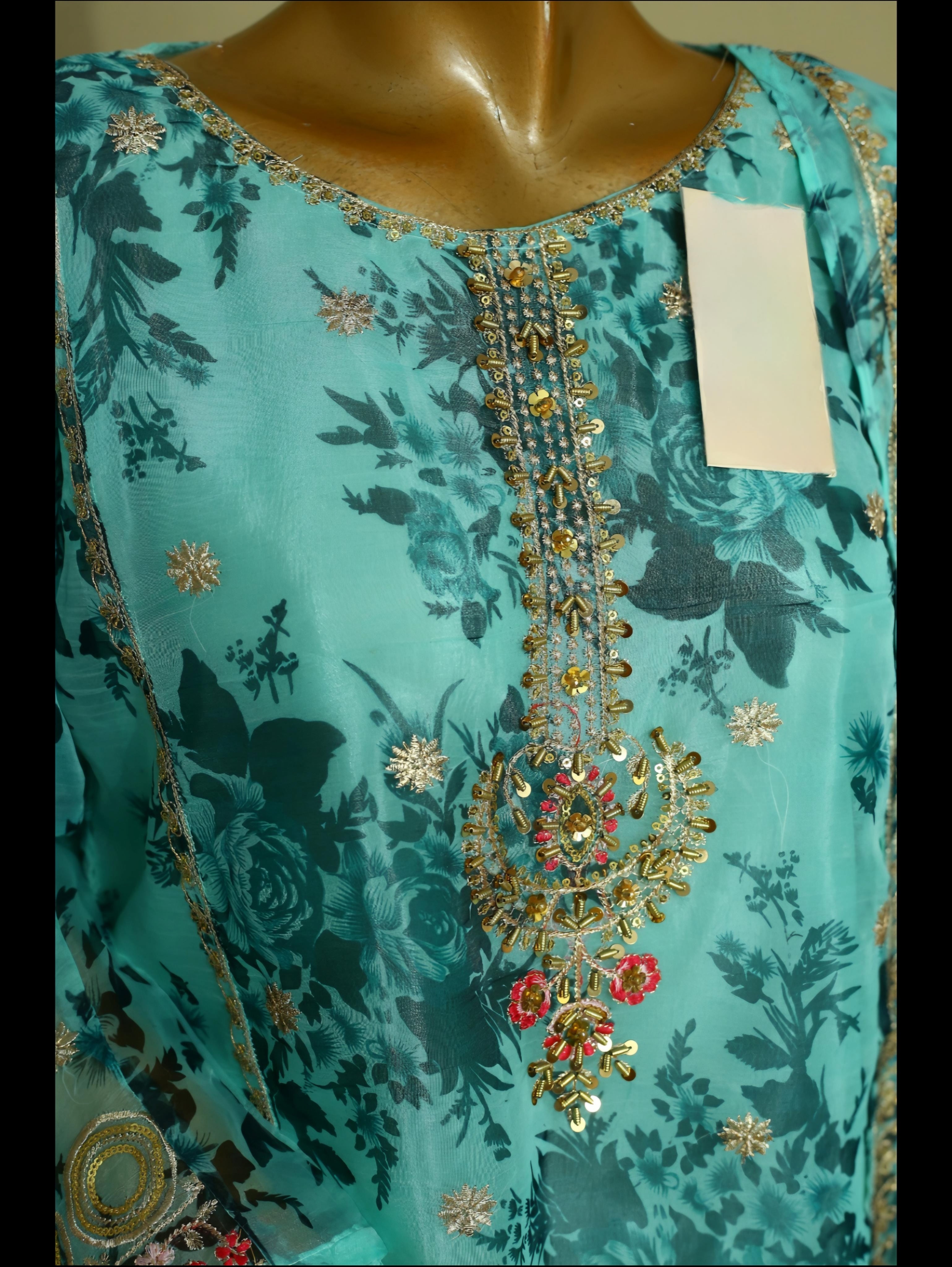 Aqua Serenity Embroidered Three-Piece Ensemble