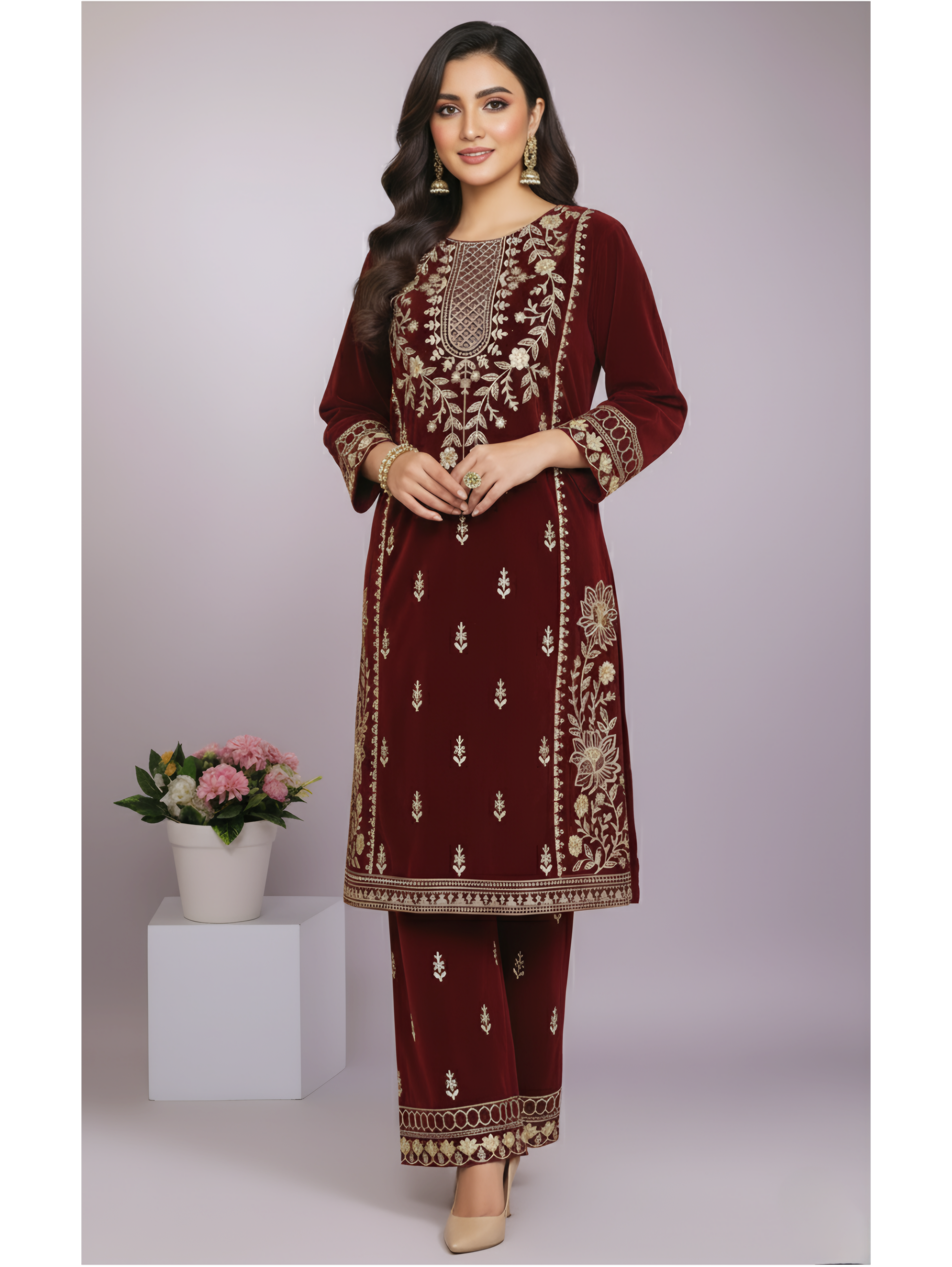 Sophisticated Burgundy Velvet Two-Piece Suit