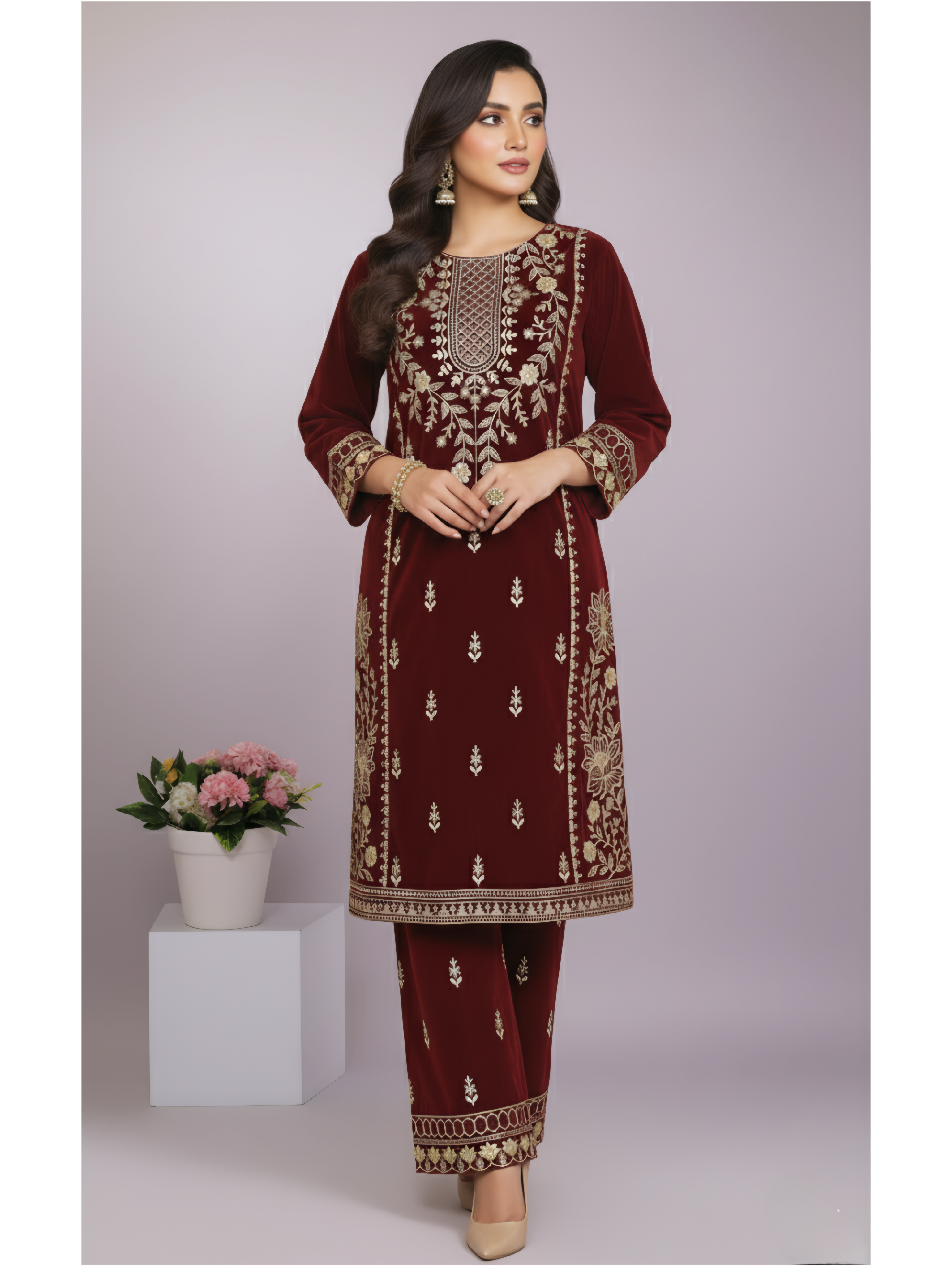 Sophisticated Burgundy Velvet Two-Piece Suit