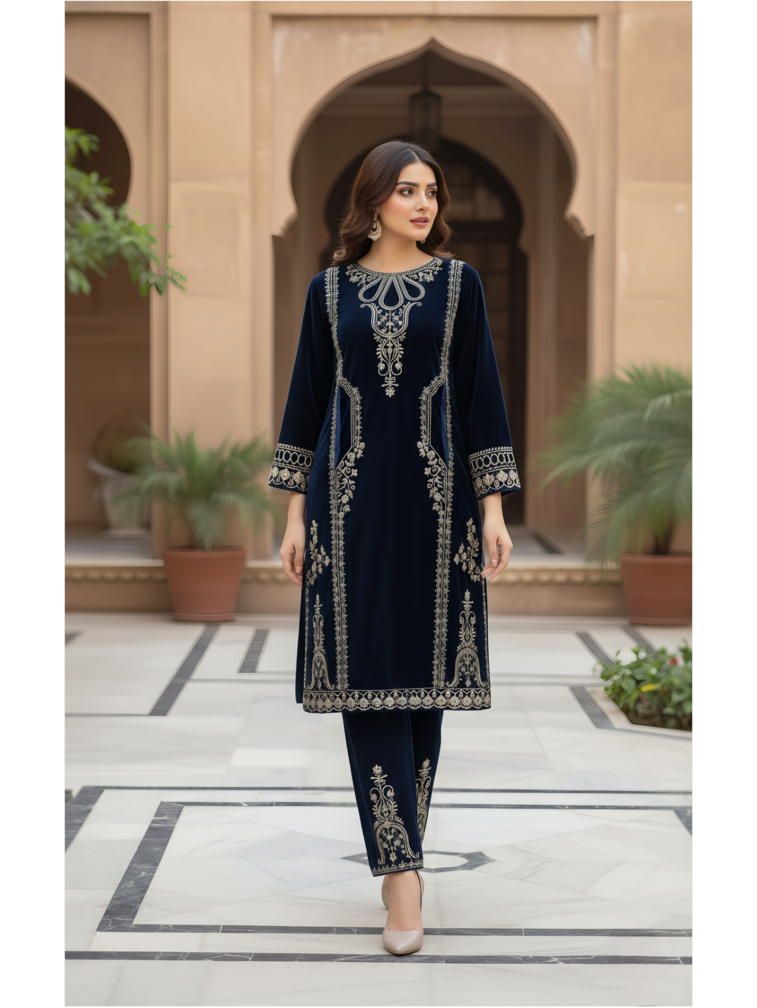 Navy Blue Velvet Embroidered 2-Piece Suit