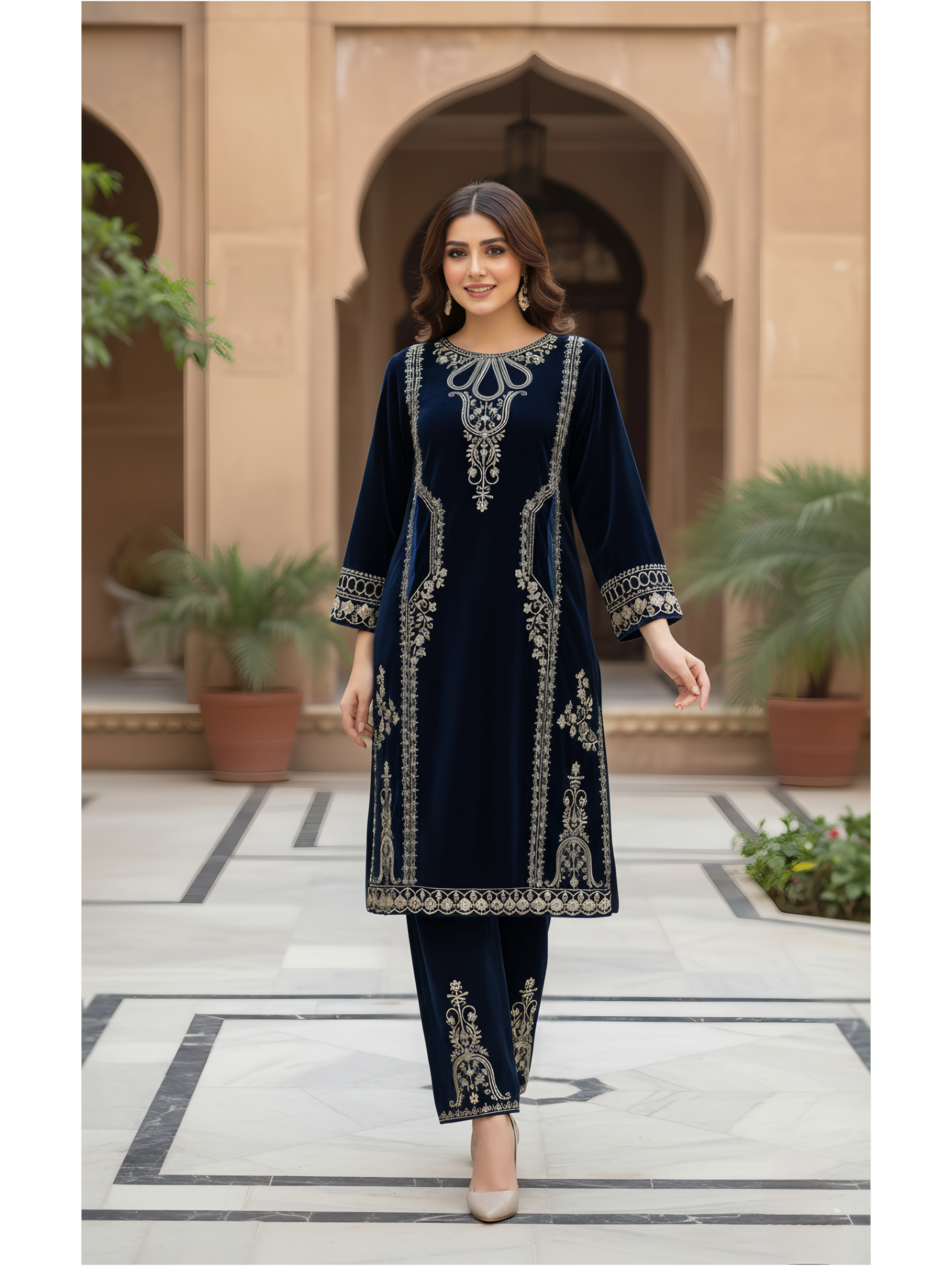 Navy Blue Velvet Embroidered 2-Piece Suit