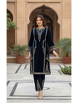 Navy Blue Velvet Embroidered Two-Piece Suit