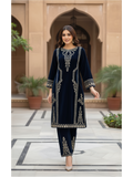 Navy Blue Velvet Embroidered Two-Piece Suit