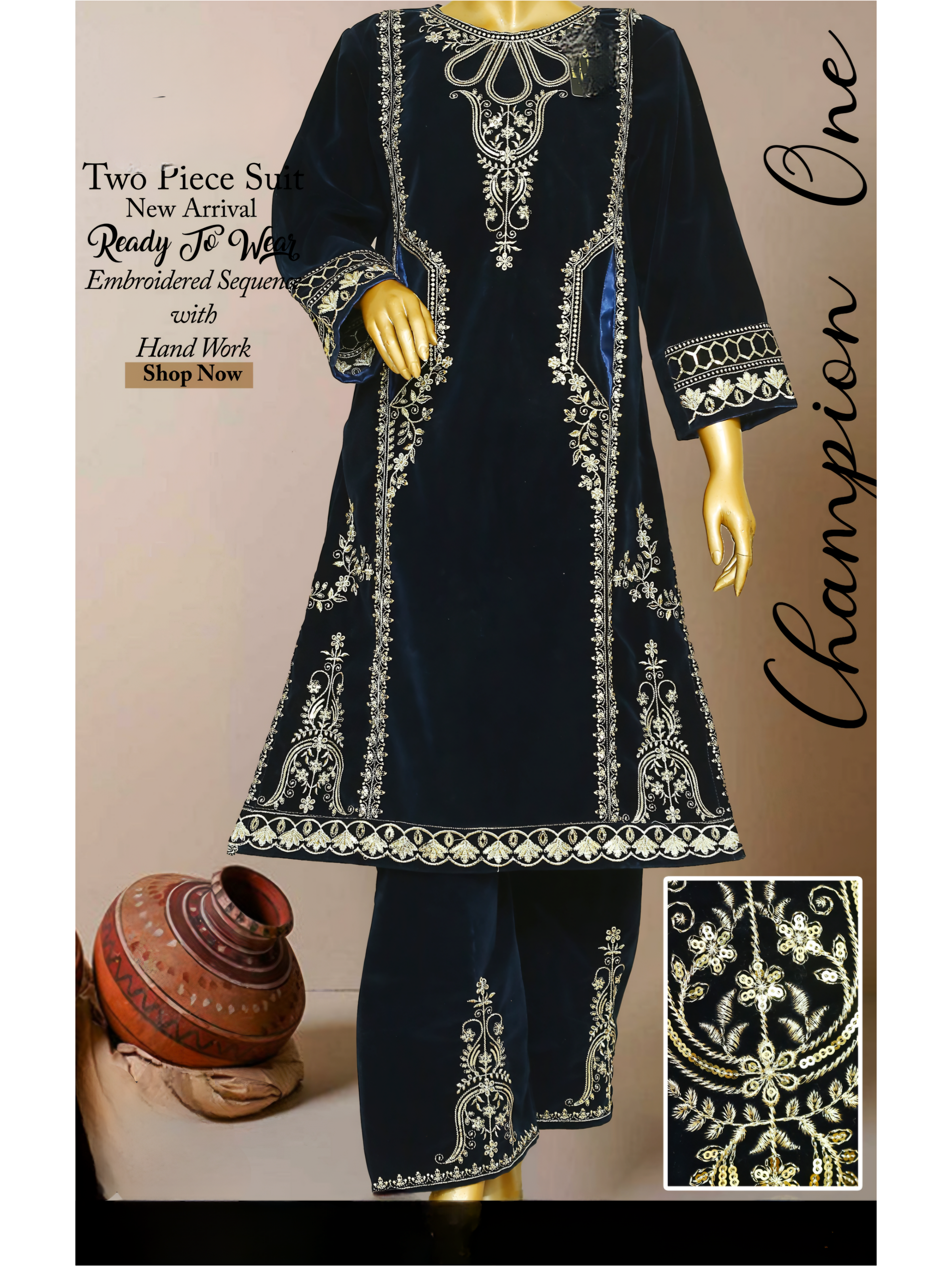 Navy Blue Velvet Embroidered Two-Piece Suit