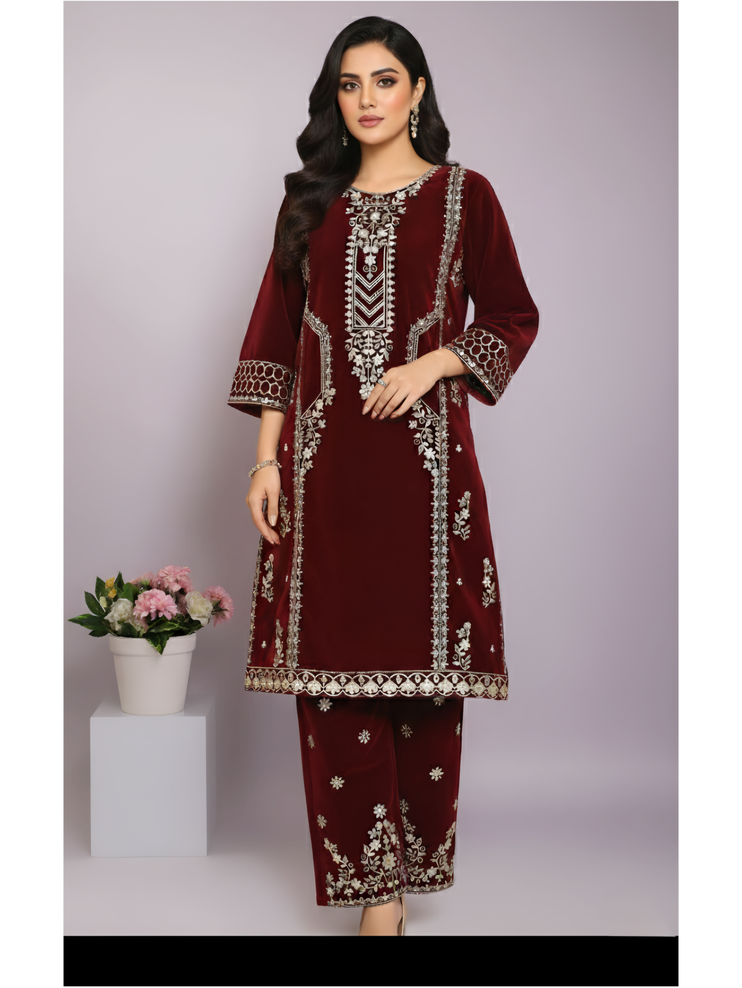 Maroon Velvet Embroidered Two-Piece Suit