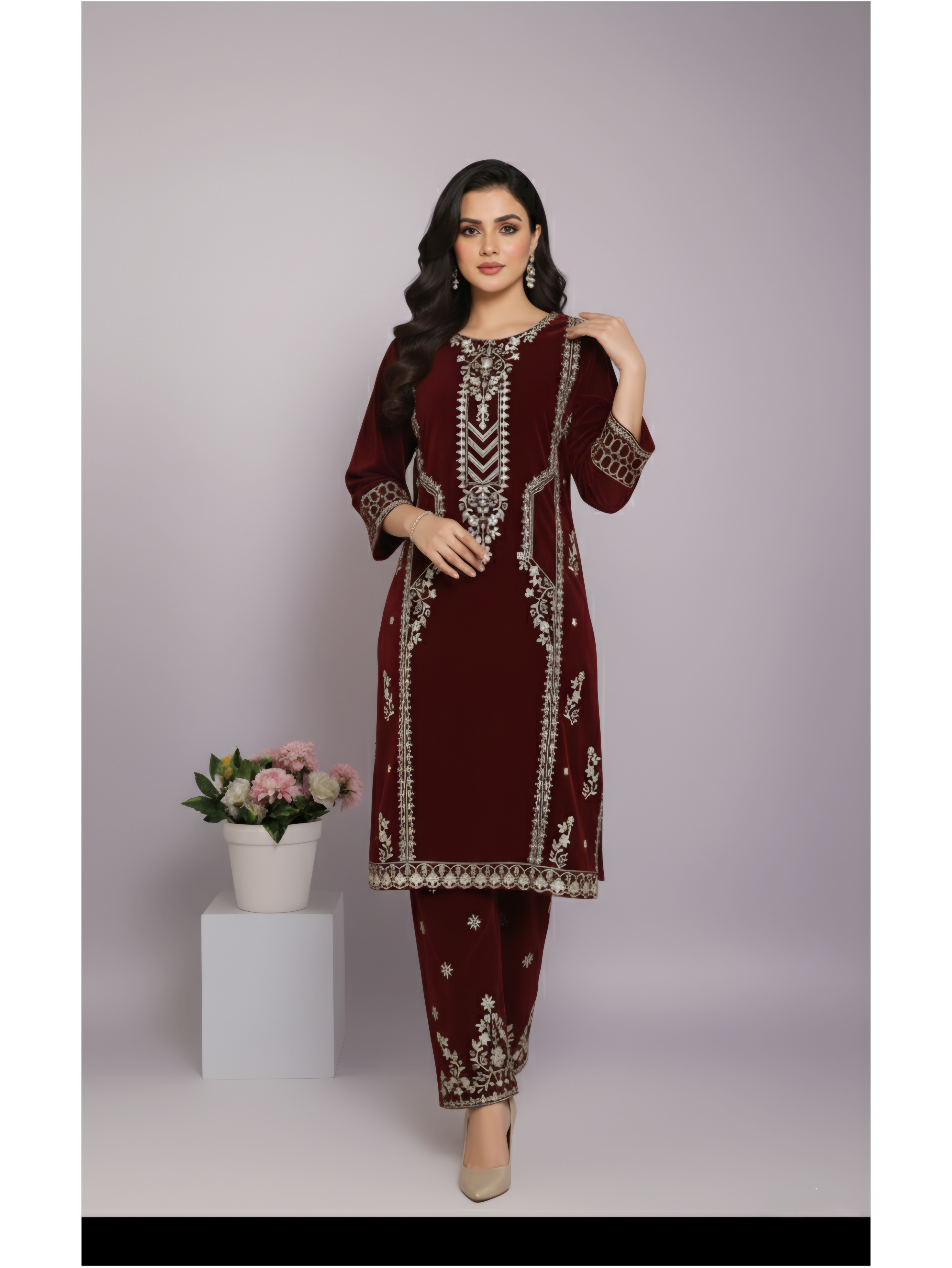 Maroon Velvet Embroidered Two-Piece Suit