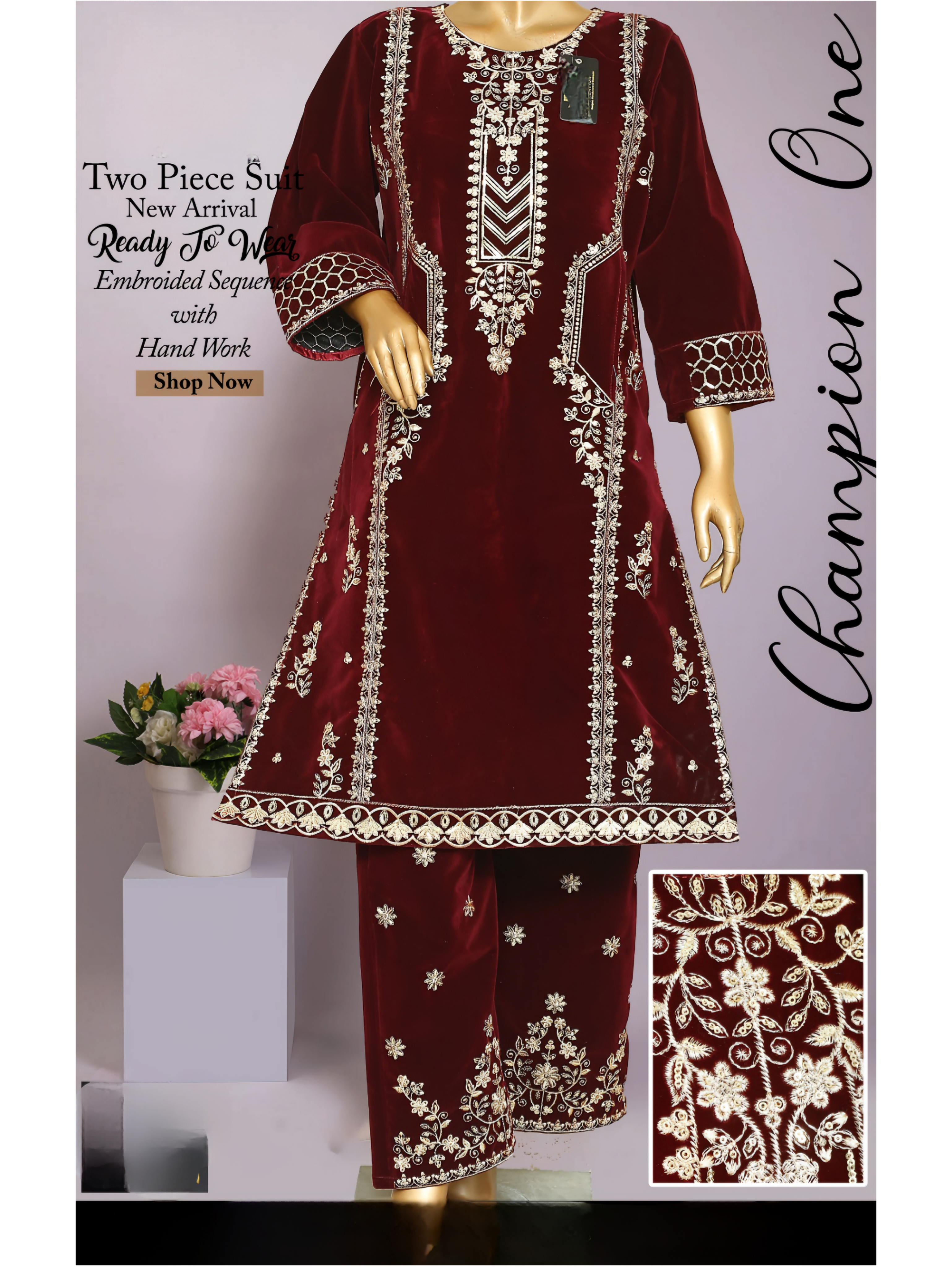 Maroon Velvet Embroidered Two-Piece Suit