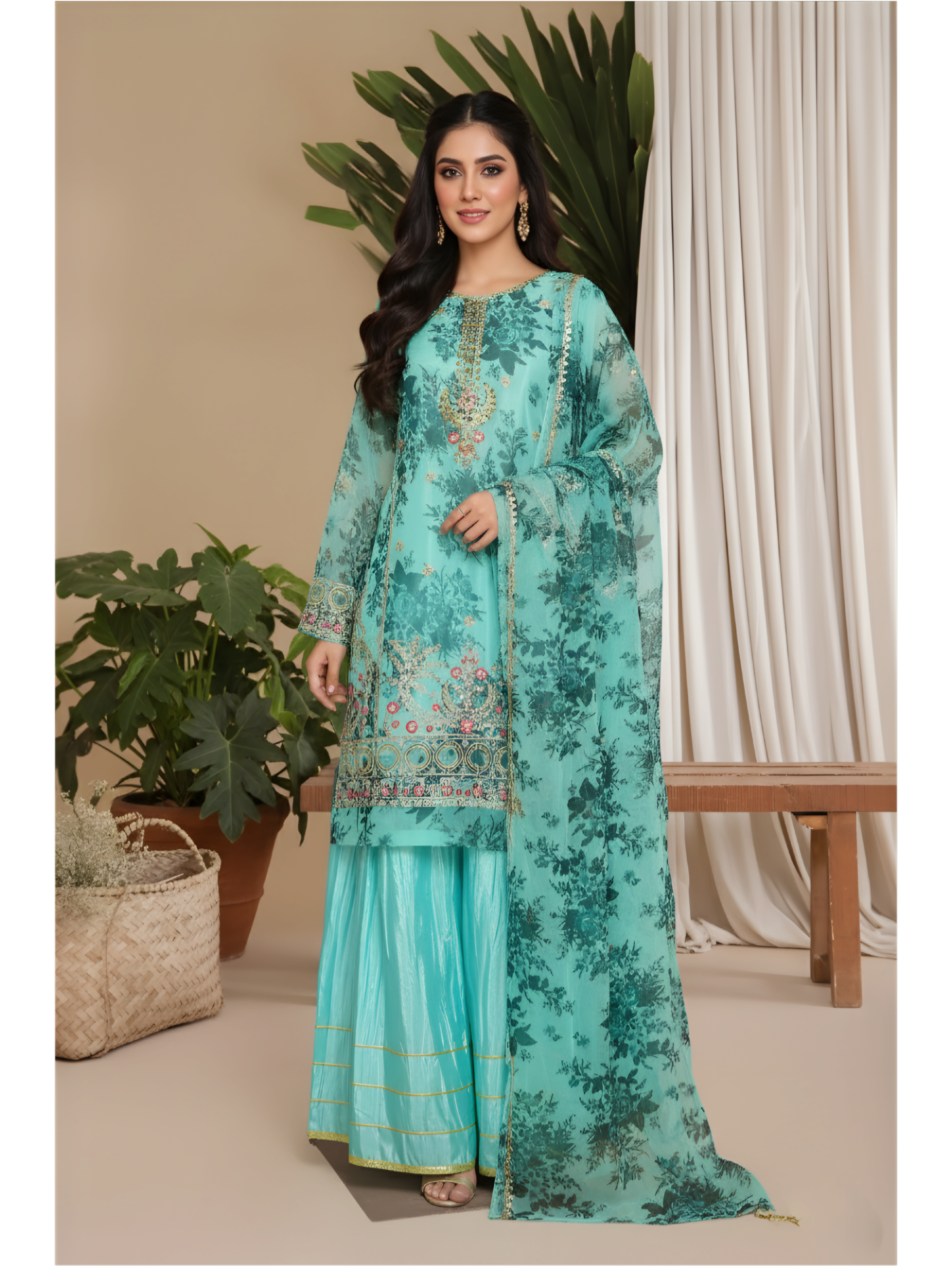 Aqua Serenity Embroidered Three-Piece Ensemble