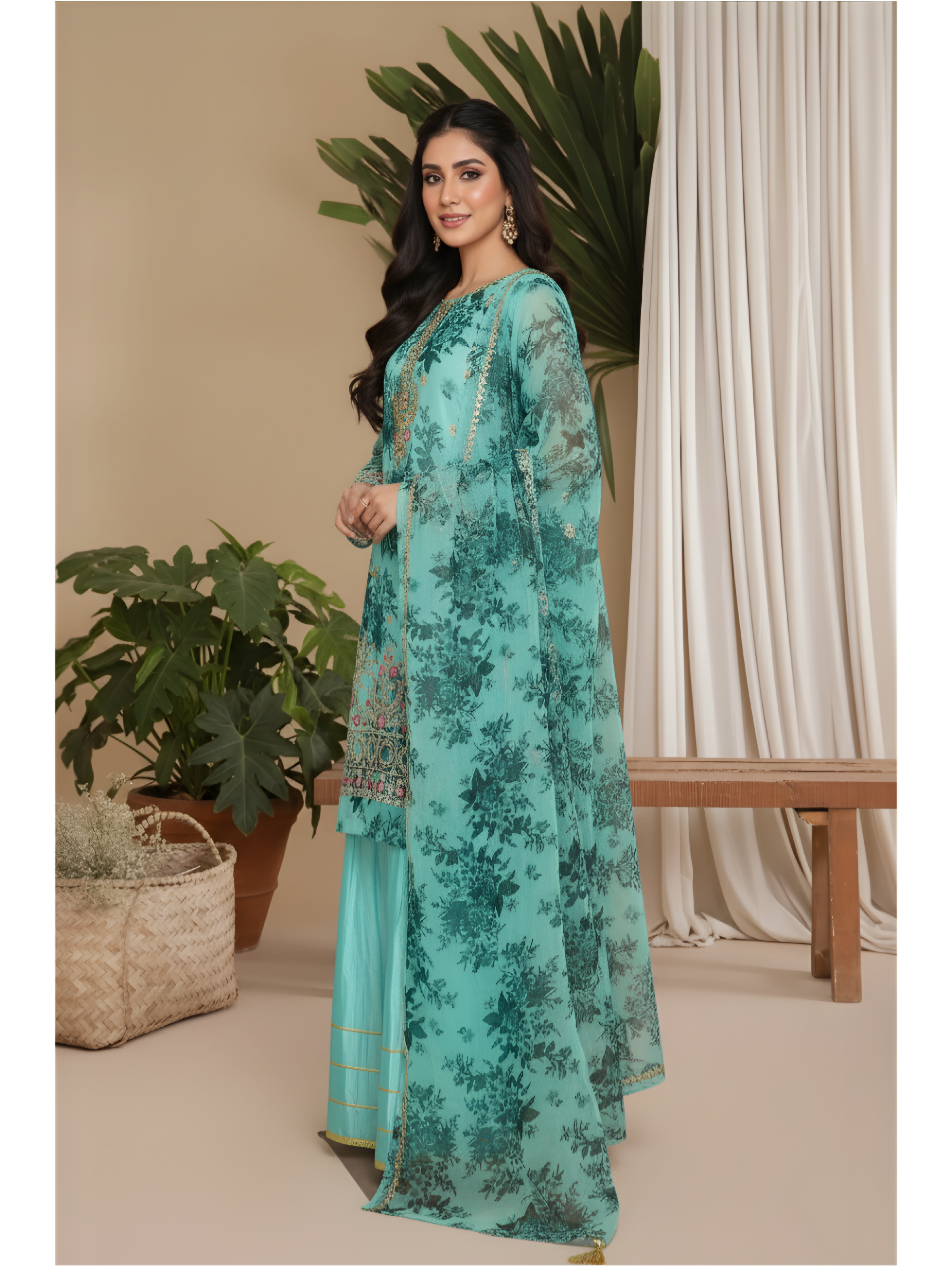Aqua Serenity Embroidered Three-Piece Ensemble
