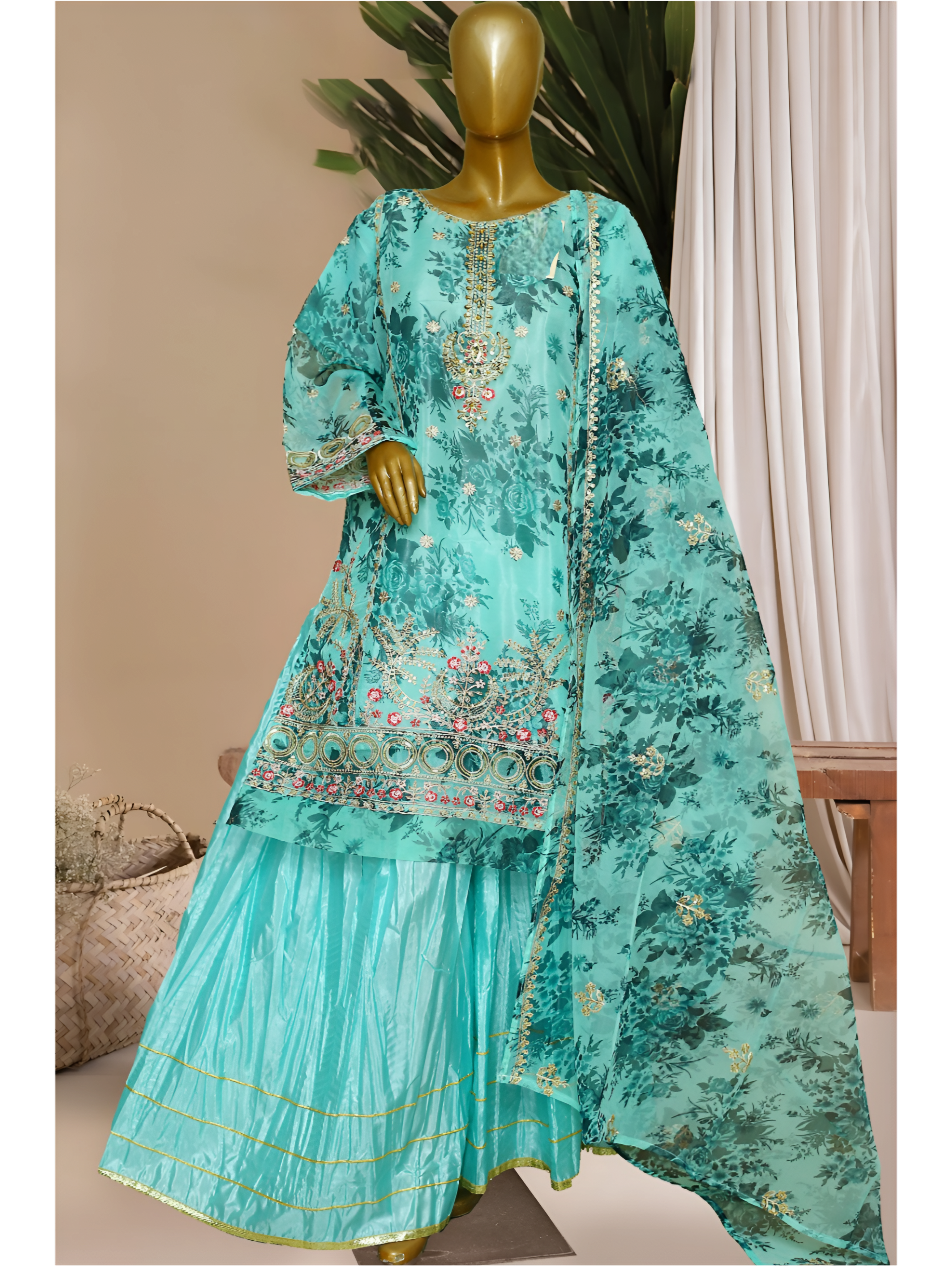 Aqua Serenity Embroidered Three-Piece Ensemble