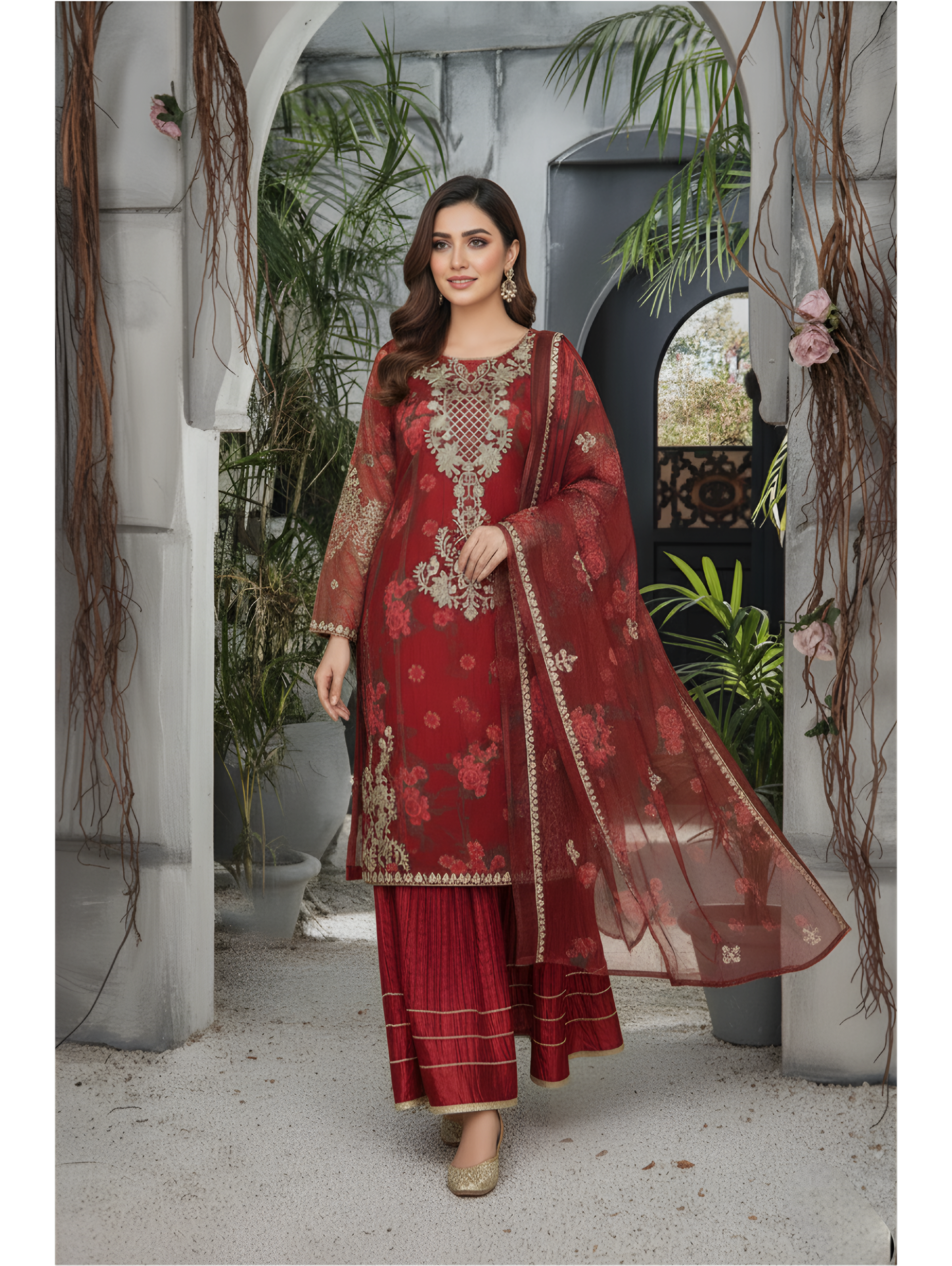 Ruby Royale Embroidered Organza Sharara Set