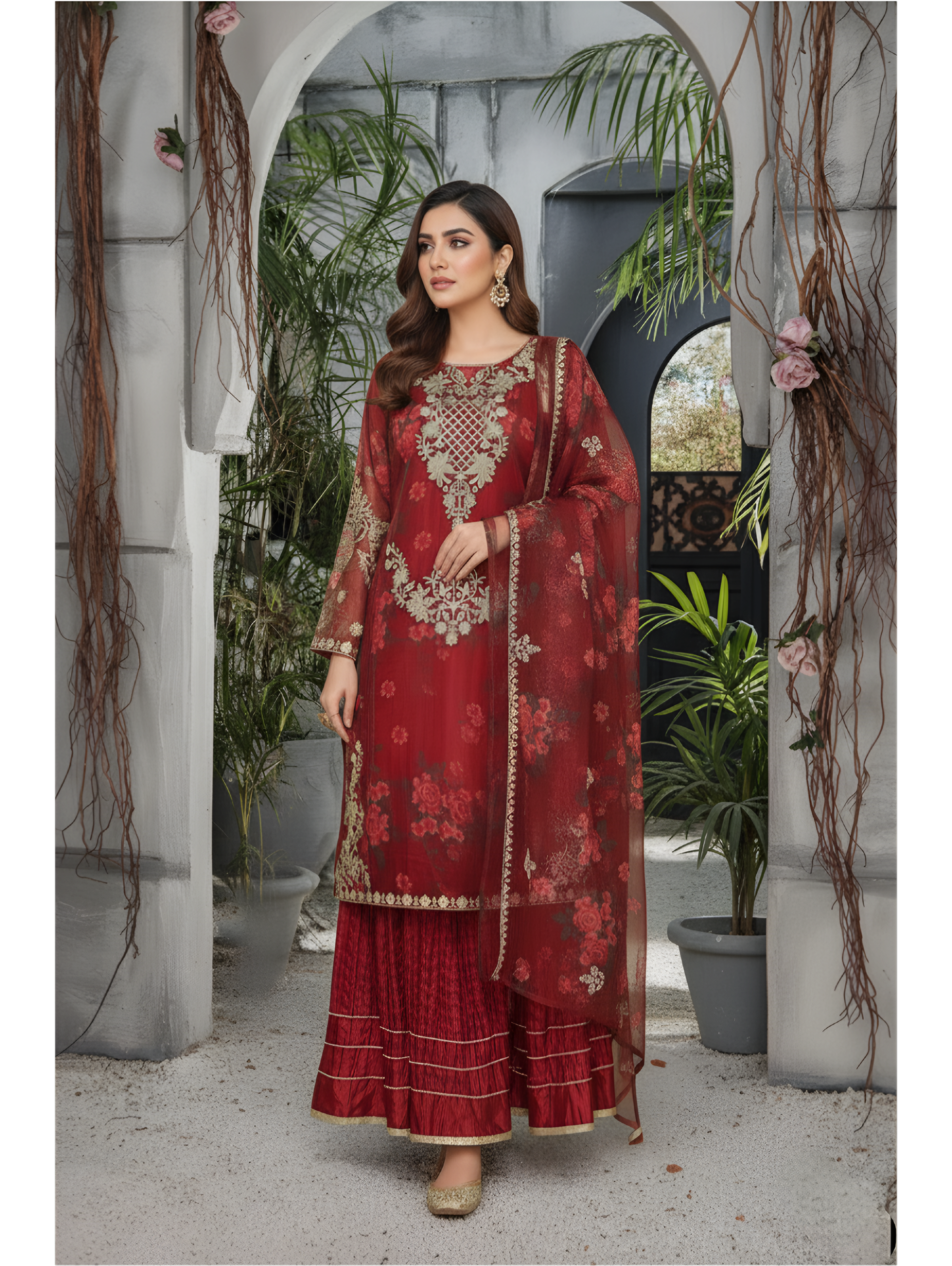 Ruby Royale Embroidered Organza Sharara Set
