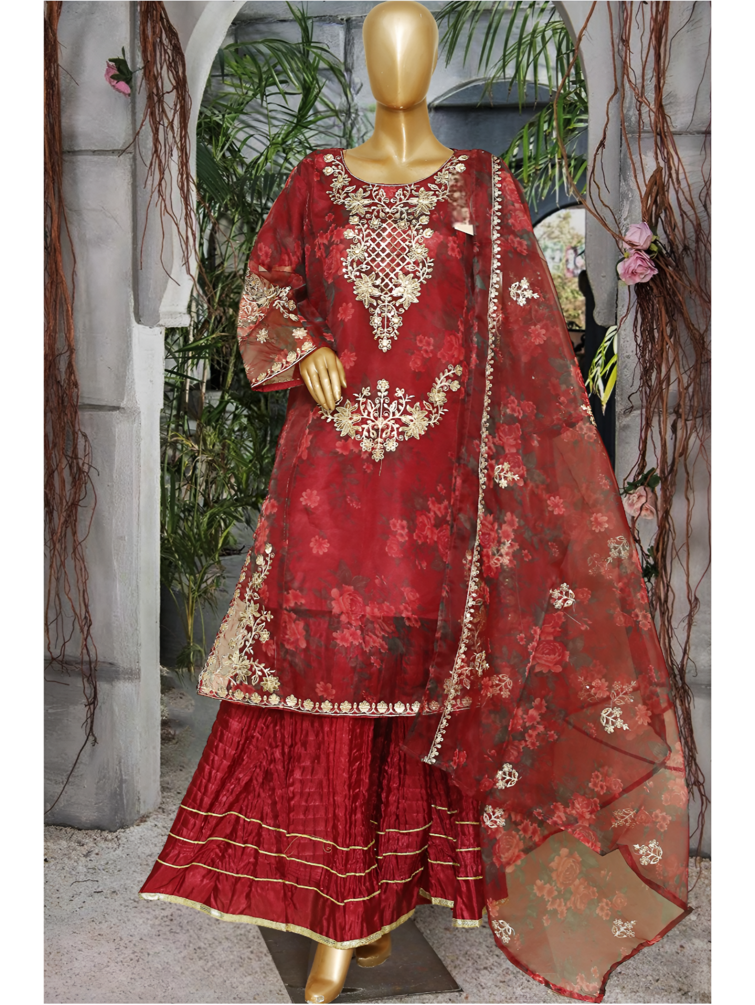 Ruby Royale Embroidered Organza Sharara Set