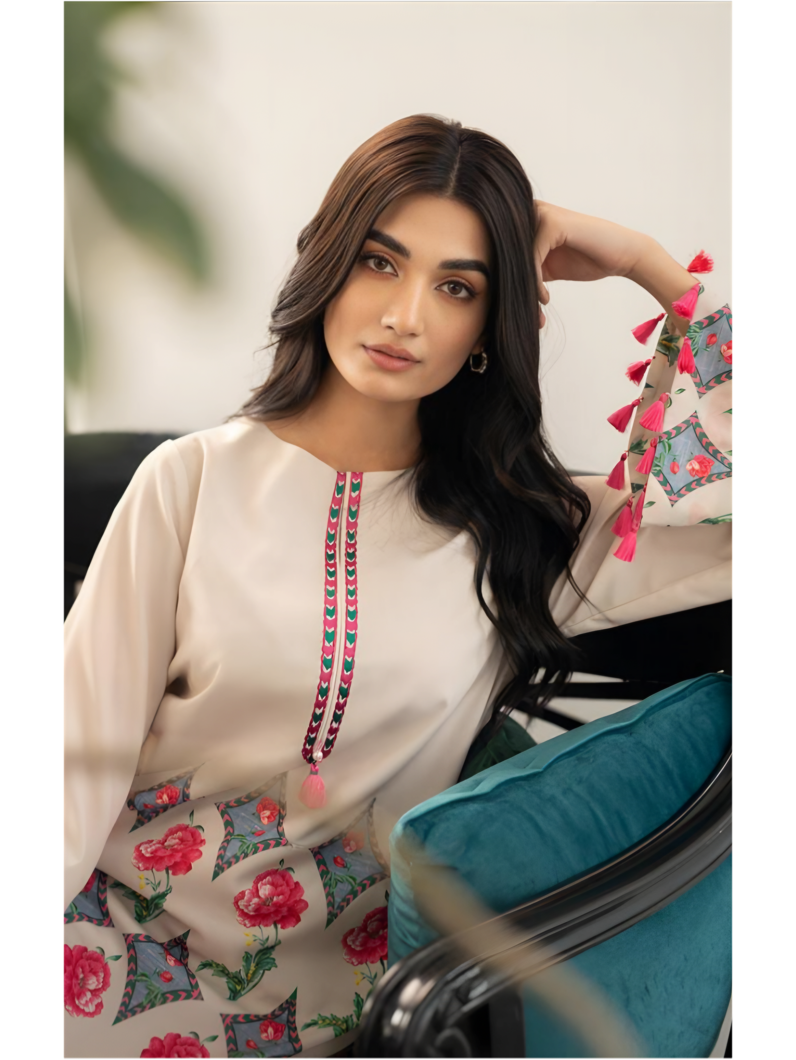 Printed Cream Floral Long 2PCs Set