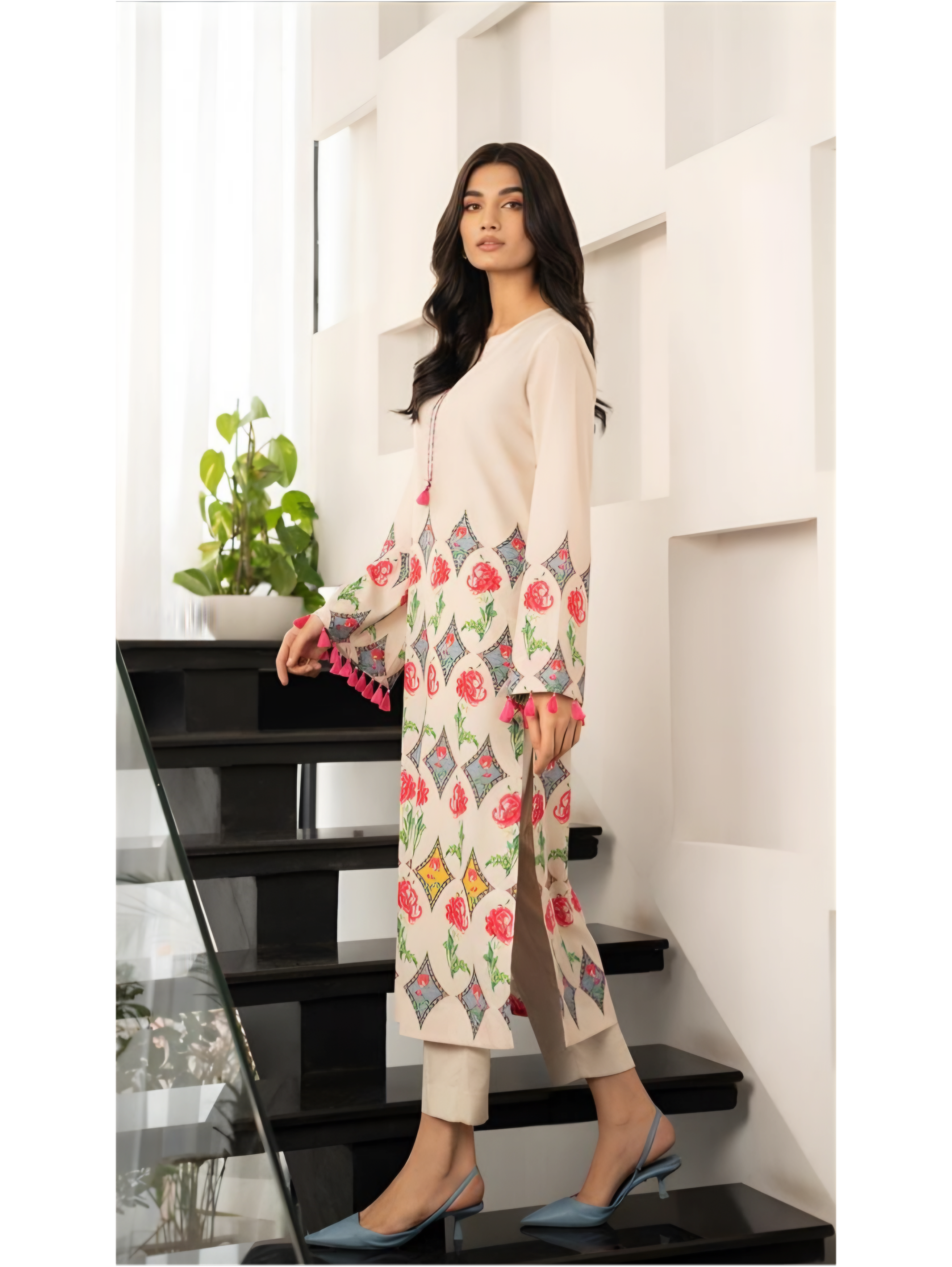 Printed Cream Floral Long 2PCs Set