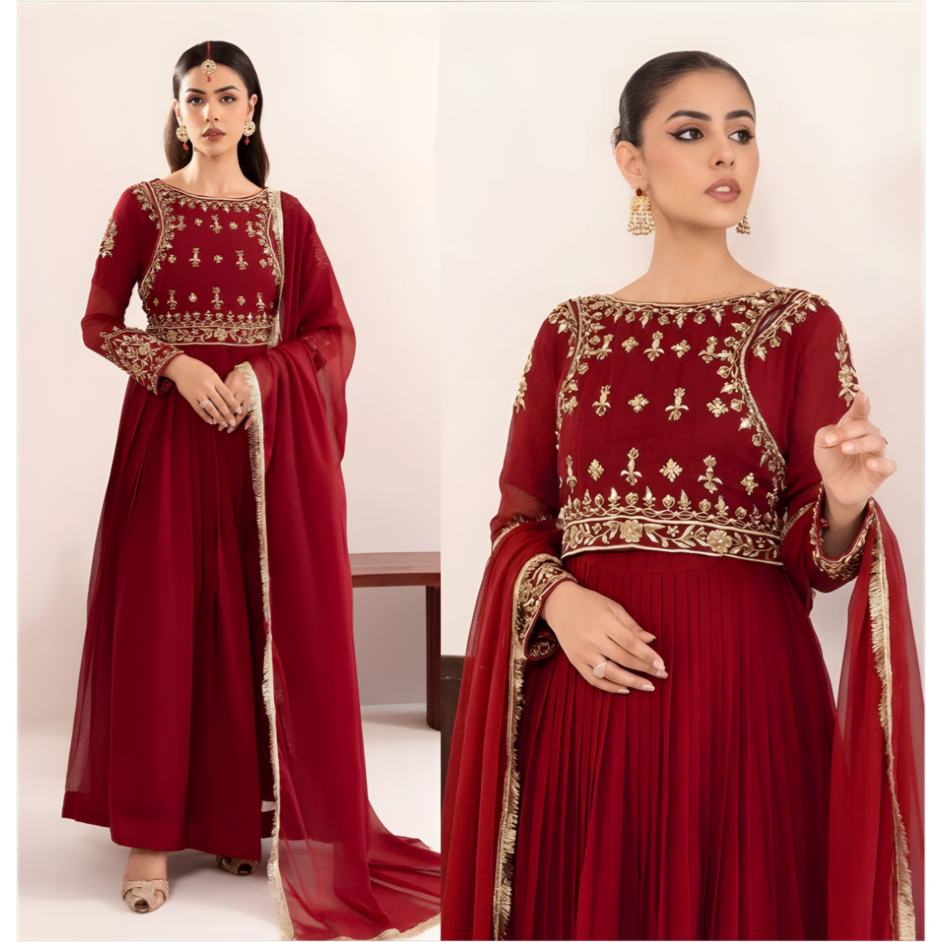 Embroidered Mirror Work Chiffon Maxi