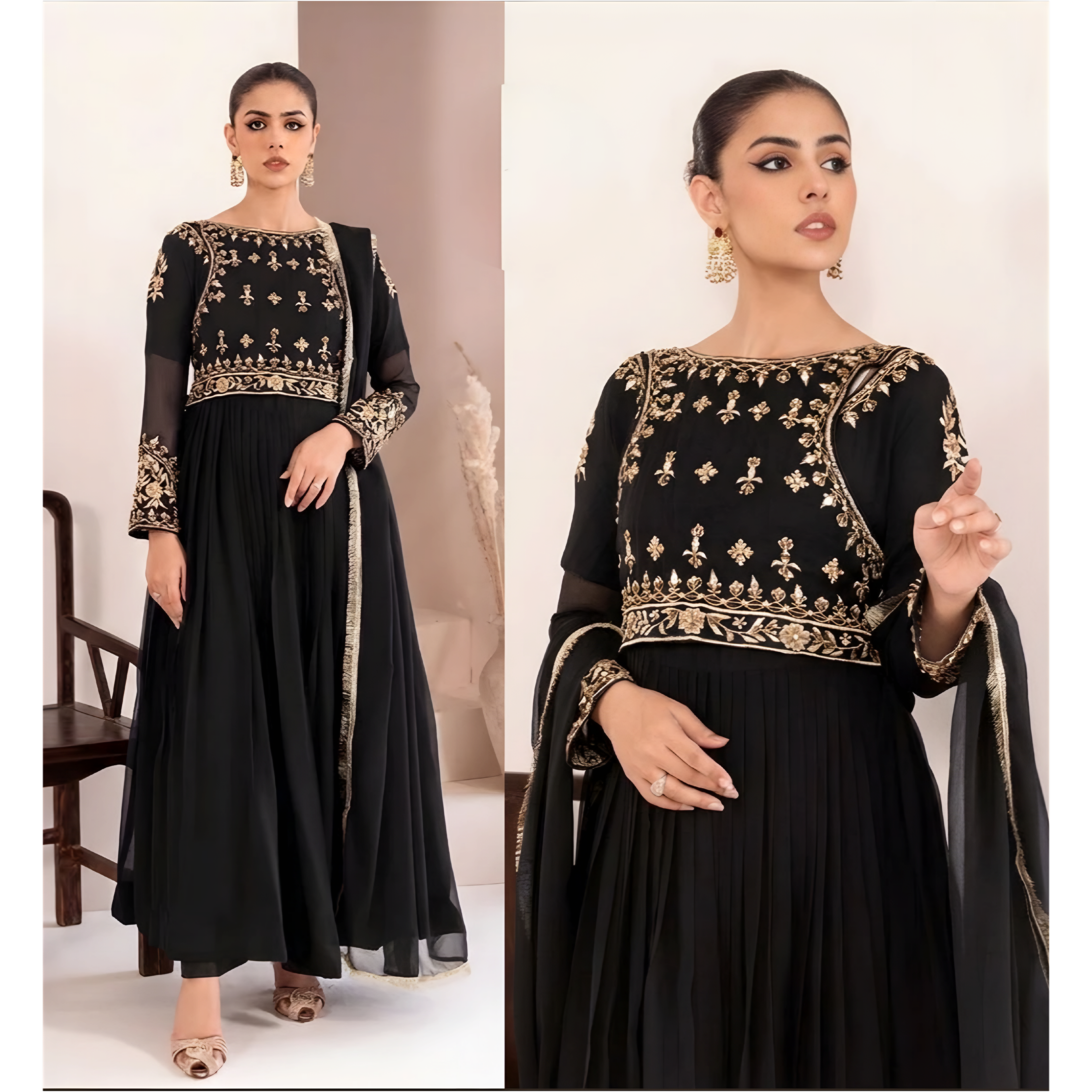 Embroidered Mirror Work Chiffon Maxi