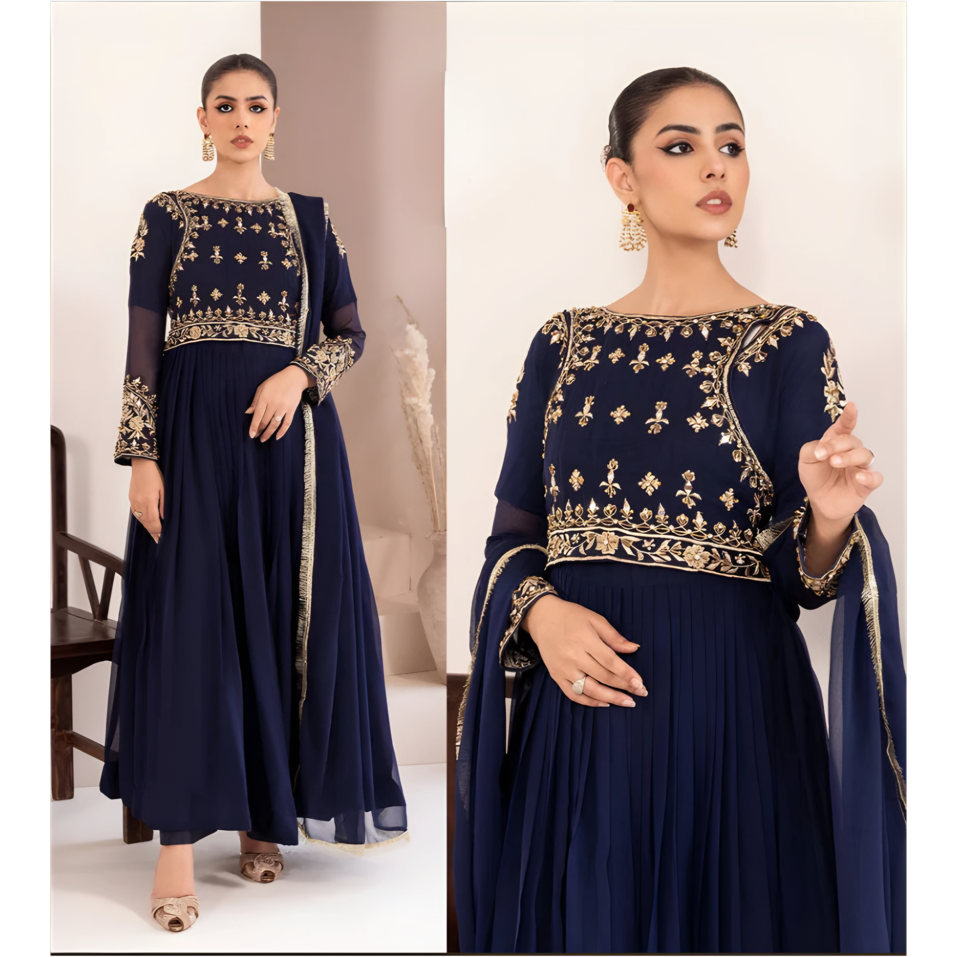 Embroidered Mirror Work Chiffon Maxi