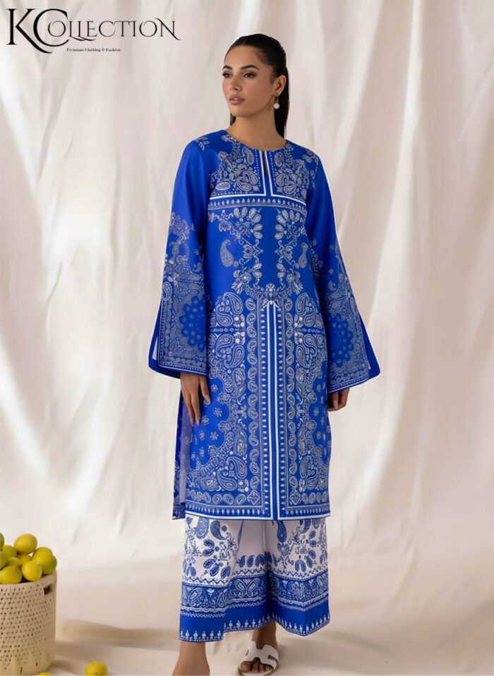Royal Blue Paisley Printed 2-Piece Suit - Image 1
